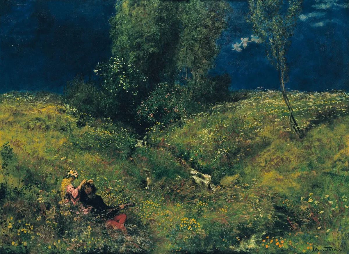 Hans Thoma's Summer (1872): a couple resting in a flowering meadow beside a stream