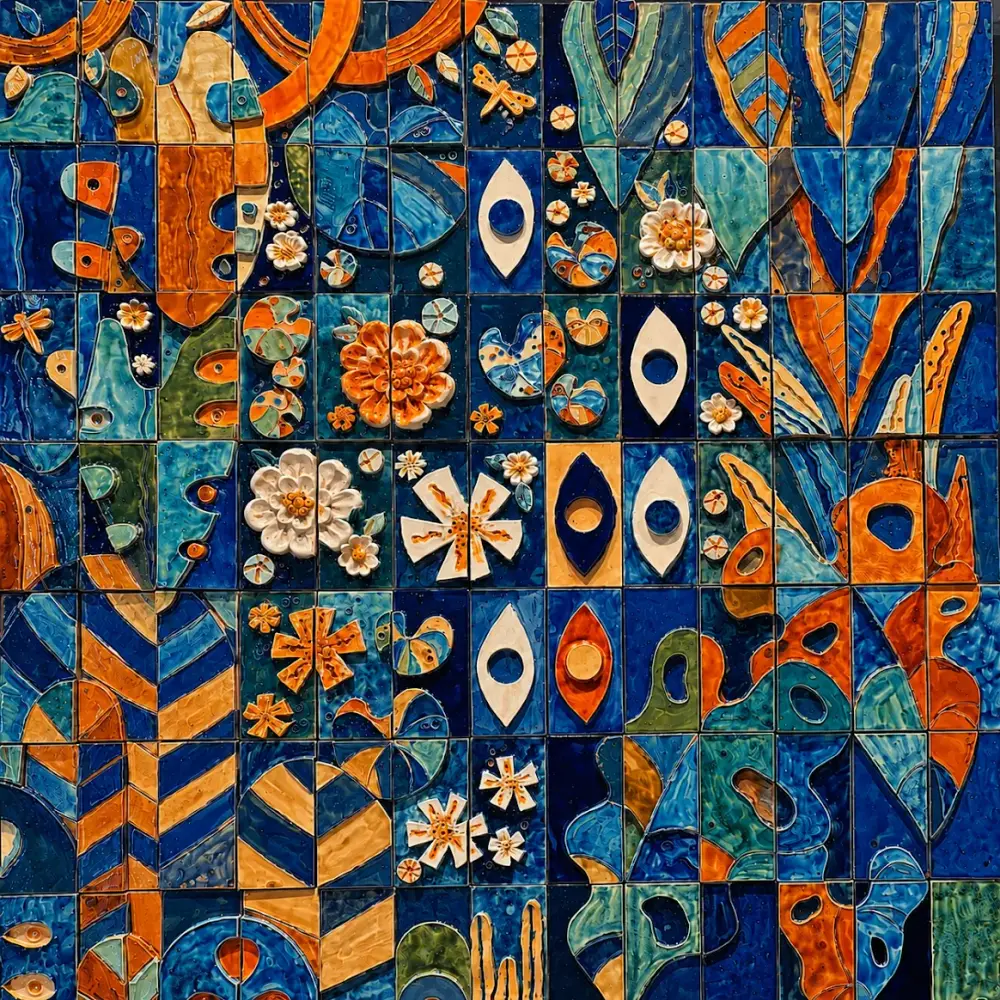 Ceramic tile mosaic of glazed blue, orange, and green tiles with raised flowers, leaves, and abstract shapes